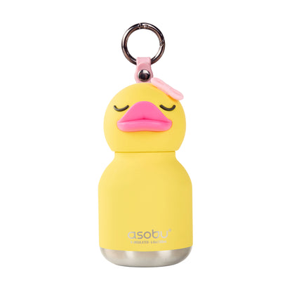 Asobu Mini Bestie Bottle: a yellow duck-shaped BPA-free water bottle with a pink bow and metal keyring.