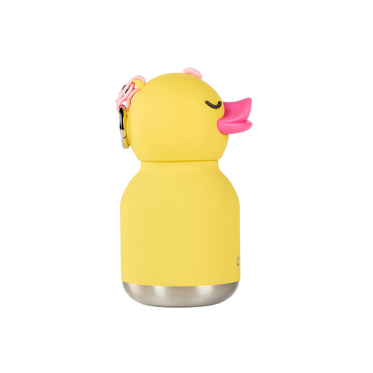 Asobu Mini Bestie Bottle: a small duck-shaped water bottle with a pink beak and a circular charm on top.