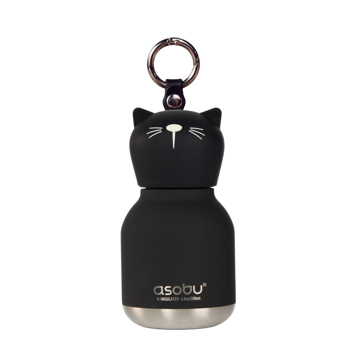Black, BPA-free Asobu Mini Bestie Bottle shaped like a cat with a silver metal base and a keychain loop.