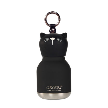 Black, BPA-free Asobu Mini Bestie Bottle shaped like a cat with a silver metal base and a keychain loop.