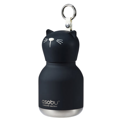 Black BPA-free Asobu Mini Bestie Bottle with a cat-shaped lid and metal carabiner clip.