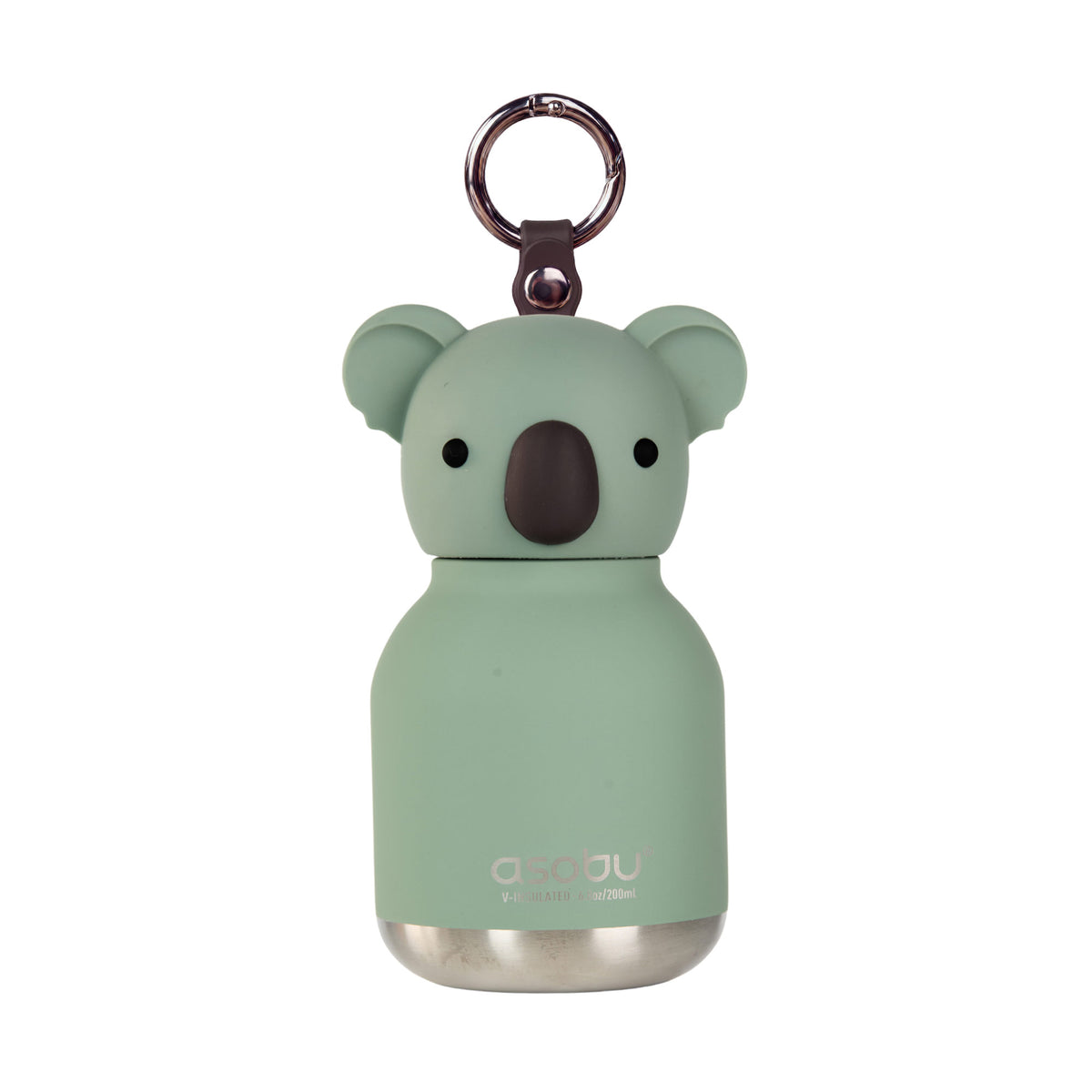 Asobu Mini Bestie Bottle: a small, sage green, BPA-free koala-shaped water bottle with a top metal ring.