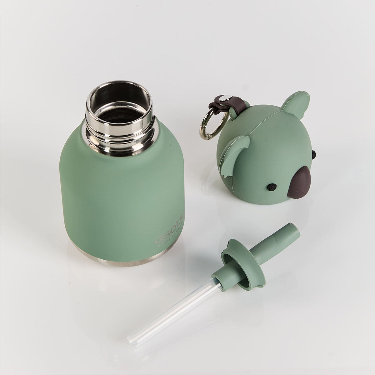 Asobu Mini Bestie Bottle in sage green with a koala-shaped lid and a clear straw.