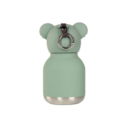 Sage green Asobu Mini Bestie Bottle with bear ears on the cap and a metal ring attachment.