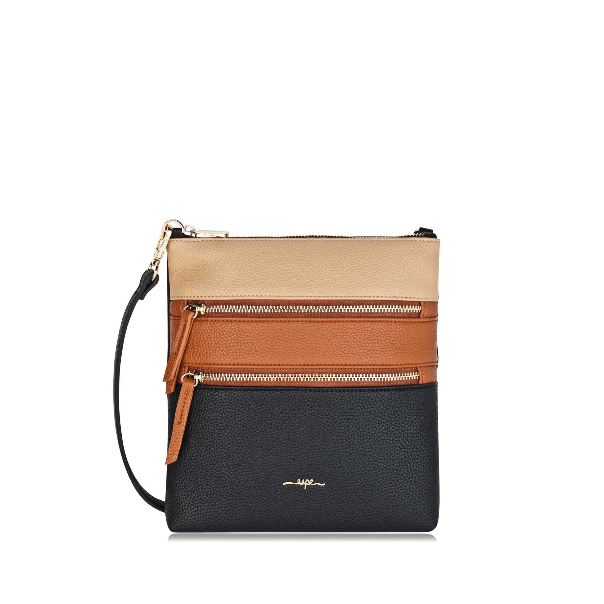 Espe Jenn Crossbody, black with beige and orange horizontal zippered pocket sections, front view