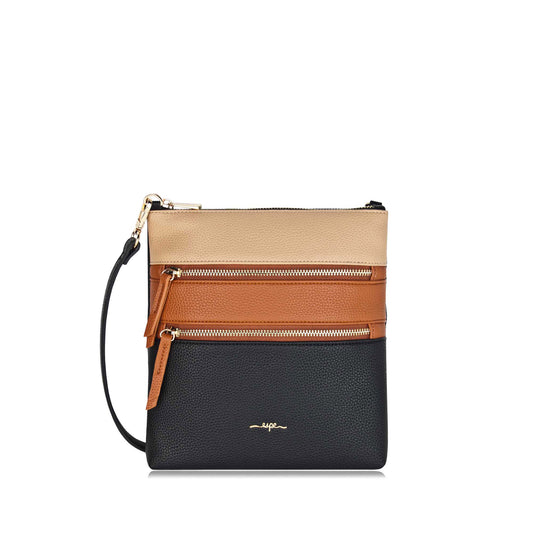 Product Image – Espe Jenn Crossbody, black with beige and orange horizontal zippered pocket sections, front view