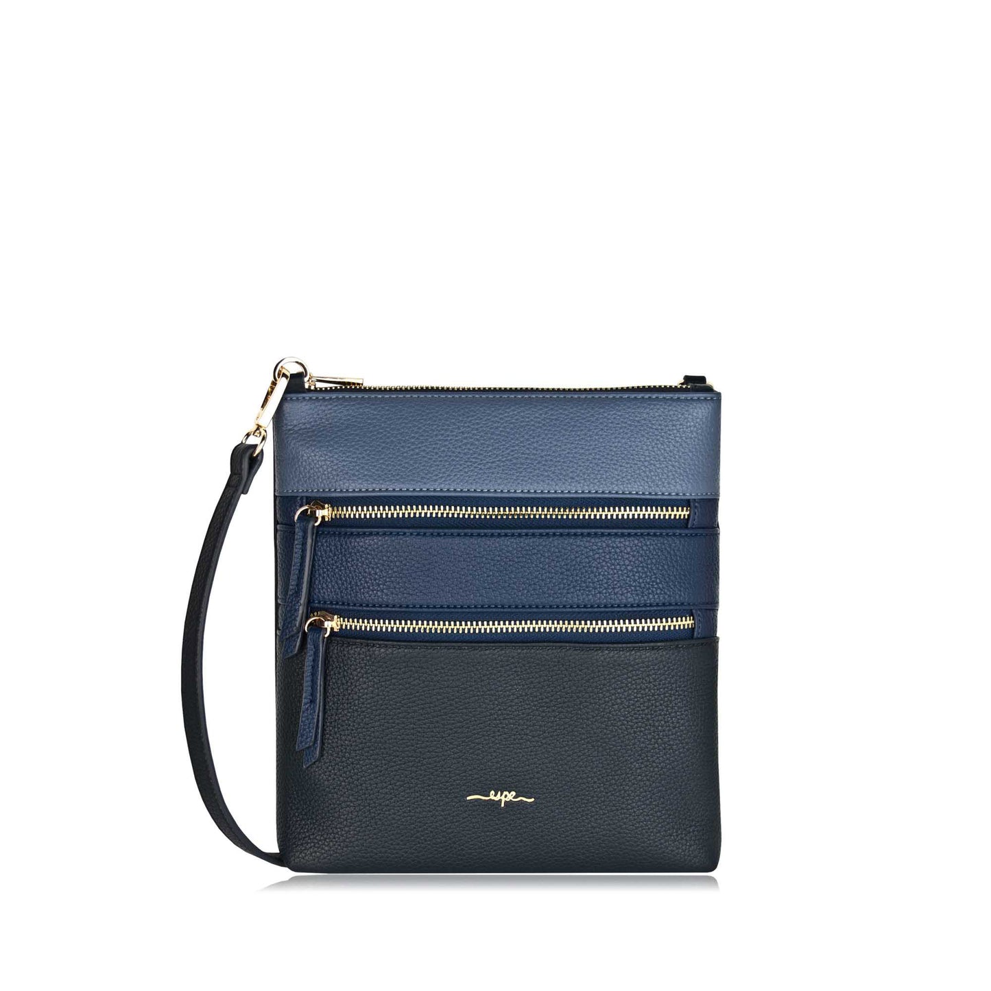 Espe Jenn Crossbody, black with blue and navy blue horizontal zippered pocket sections, front view