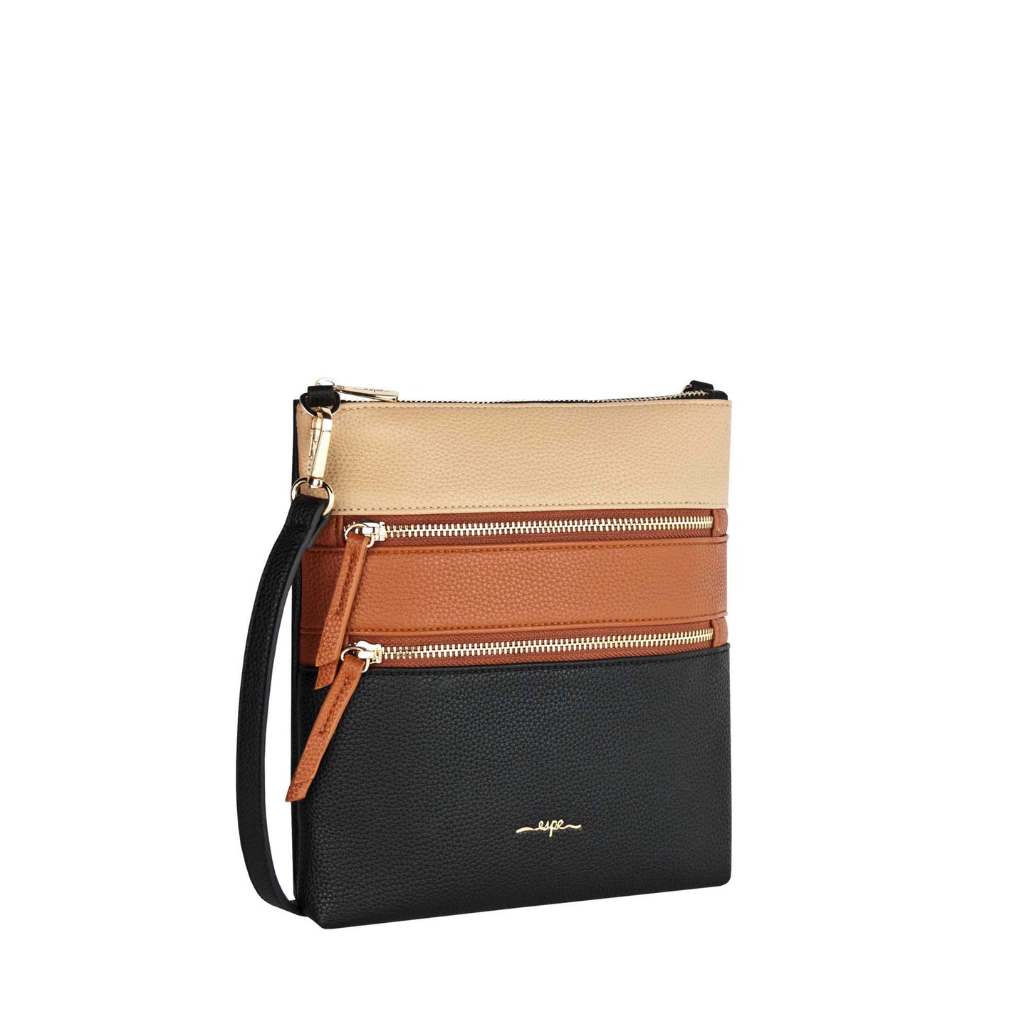 Espe Jenn Crossbody, black with beige and orange horizontal zippered pocket sections, front angled view