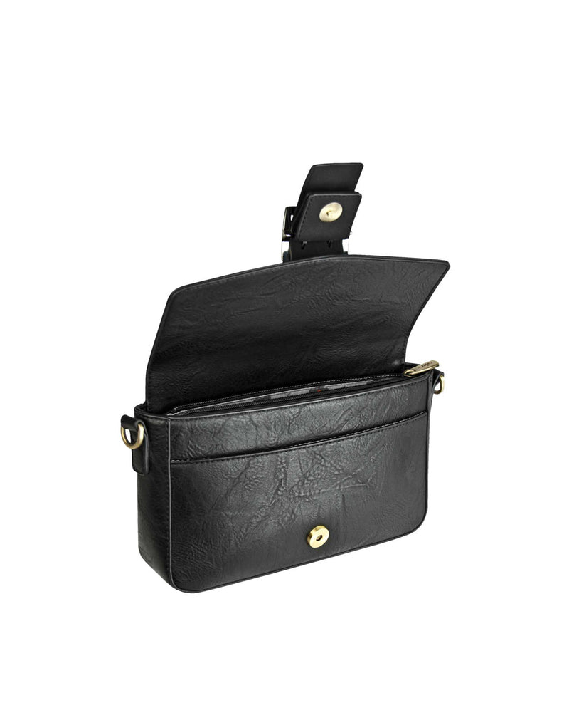 Espe Lee Crossbody in black, front angled view with top flap open