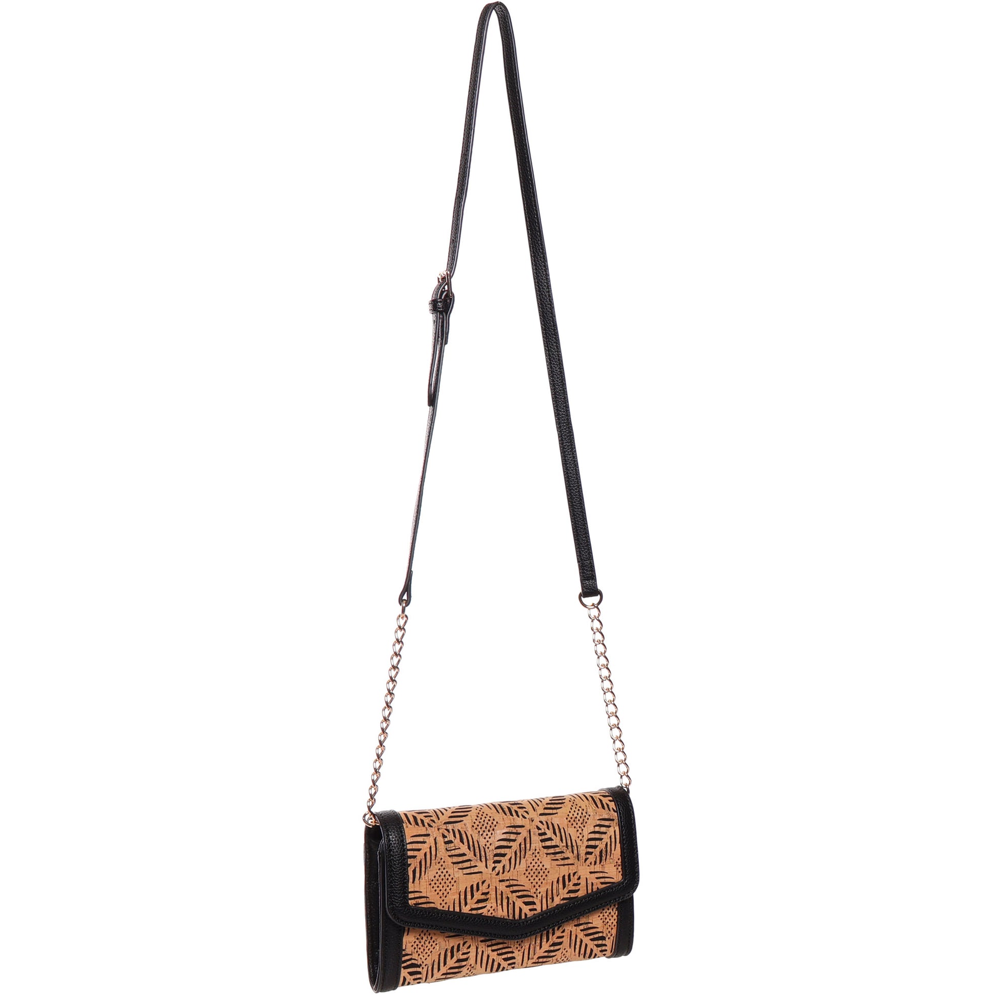 Seven Days Pando Cork Crossbody: tan geometric flap, black cork strap, compact space for your essentials.