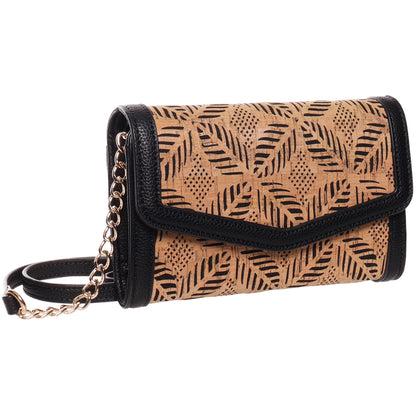 Seven Days Pando Cork Crossbody: Tan cork clutch with black leaf design, gold chain, and organized compartments.