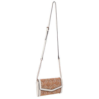 Seven Days Pando Cork Crossbody: tan and white with geometric pattern, gold chain, and adjustable strap.