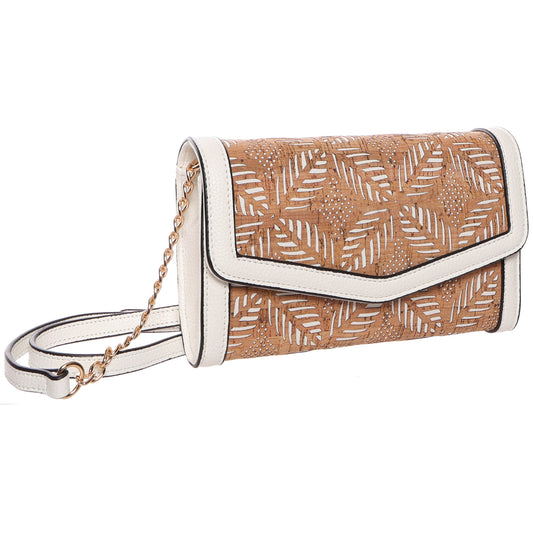 Product Image – Seven Days Pando Cork Crossbody: beige/white woven leaf pattern with adjustable strap by Seven Days.