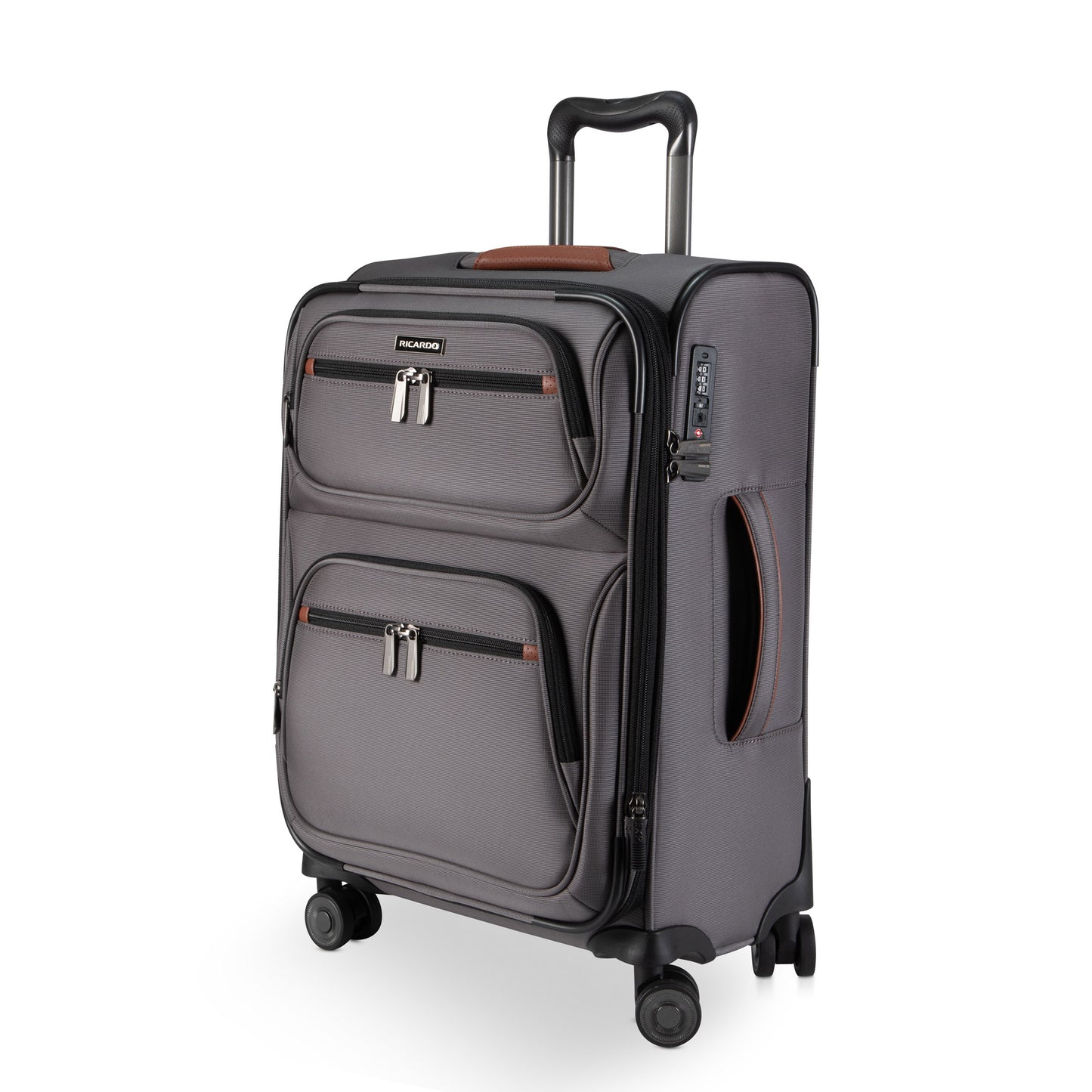 The Ricardo Beverly Hills Montecito 3.0 Carry-on Spinner is gray with 2 zip pockets and a long telescopic handle.