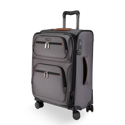 The Ricardo Beverly Hills Montecito 3.0 Carry-on Spinner is gray with 2 zip pockets and a long telescopic handle.