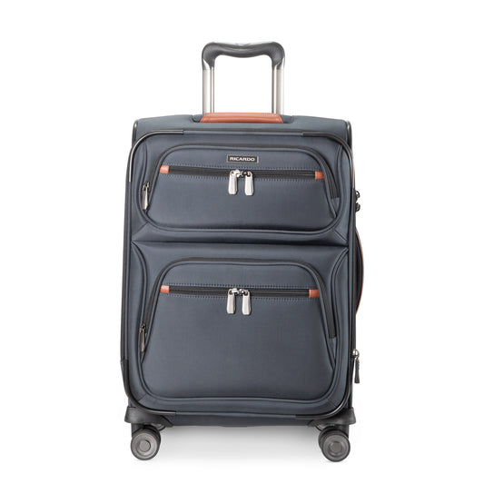 Product Image – Ricardo Beverly Hills Montecito 3.0 navy softside carry-on with 2 front zip pockets and telescoping handle.