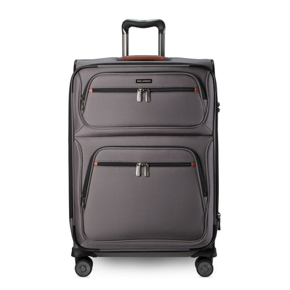 Ricardo Beverly Hills Montecito 3.0 softside medium check-in spinner with 2 front pockets and telescoping handle.