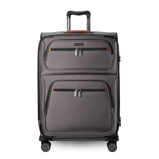 Product Image – Ricardo Beverly Hills Montecito 3.0 softside medium check-in spinner with 2 front pockets and telescoping handle.