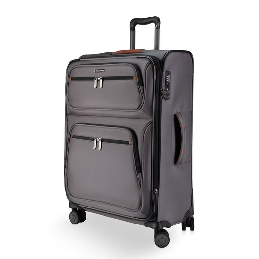 Product Image – Ricardo Beverly Hills Montecito 3.0 gray medium softside spinner: 4 wheels, 2 zip pockets, telescopic handle.