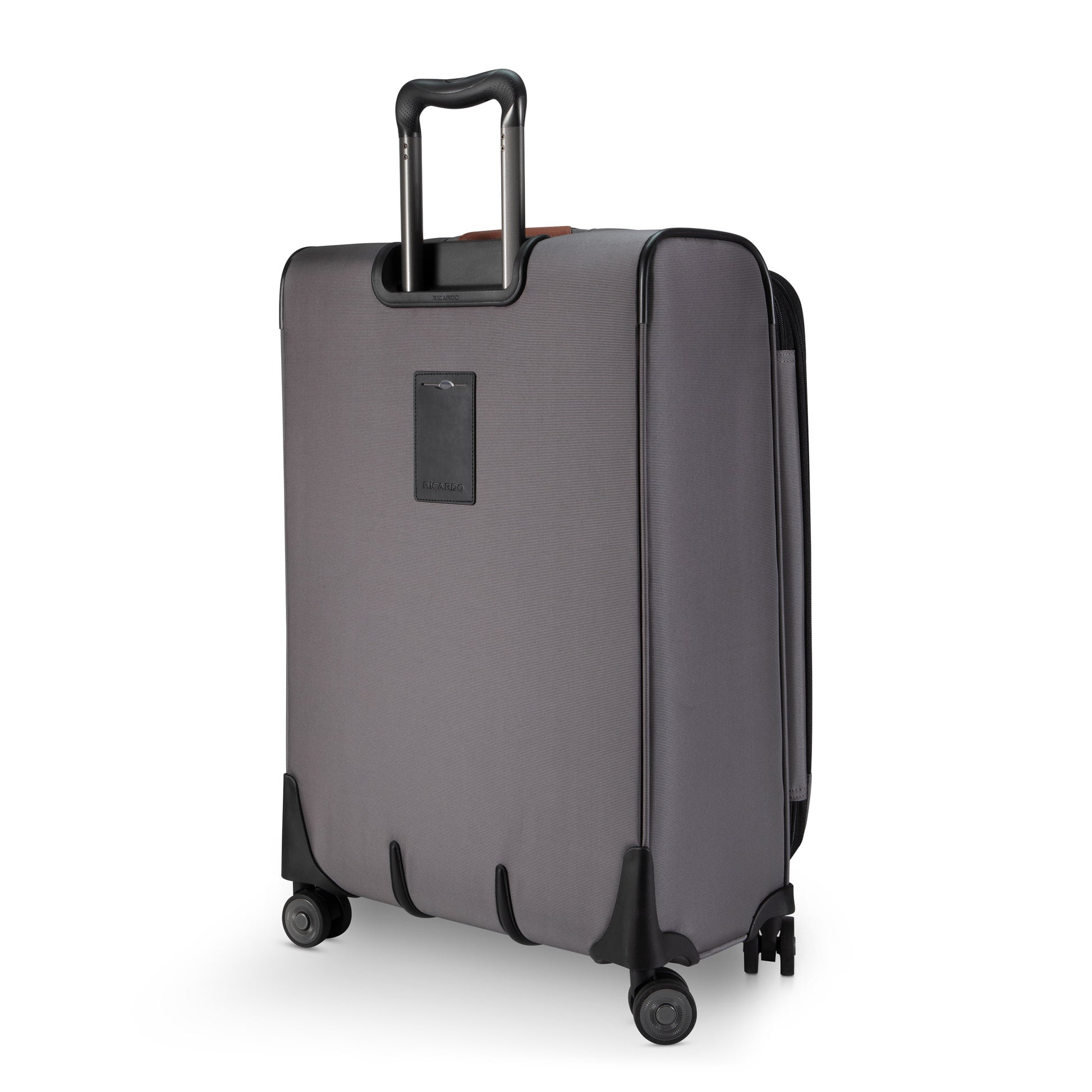 Ricardo Beverly Hills Montecito 3.0 gray medium softside spinner, shown from the back with four wheels.