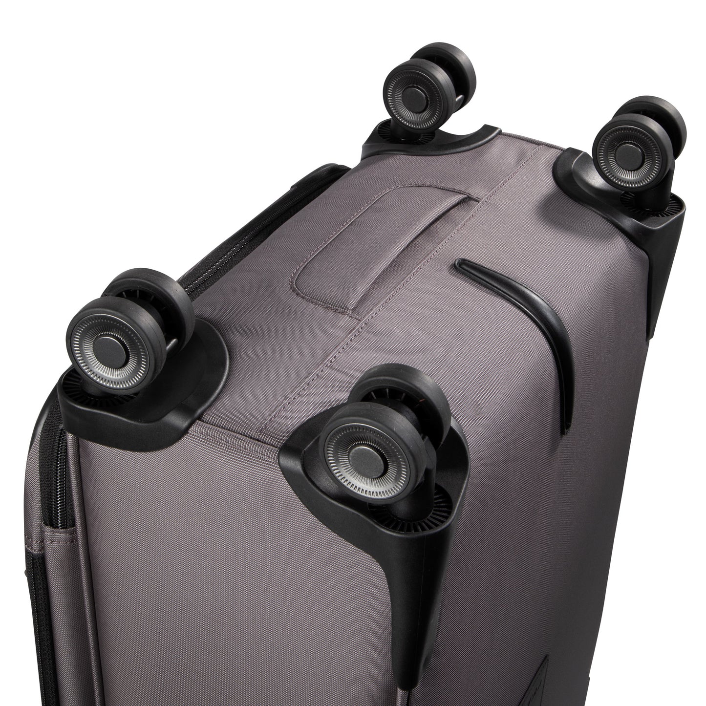 Close-up of the Ricardo Beverly Hills Montecito 3.0 Softside Medium Spinner, showing four black wheels from below.