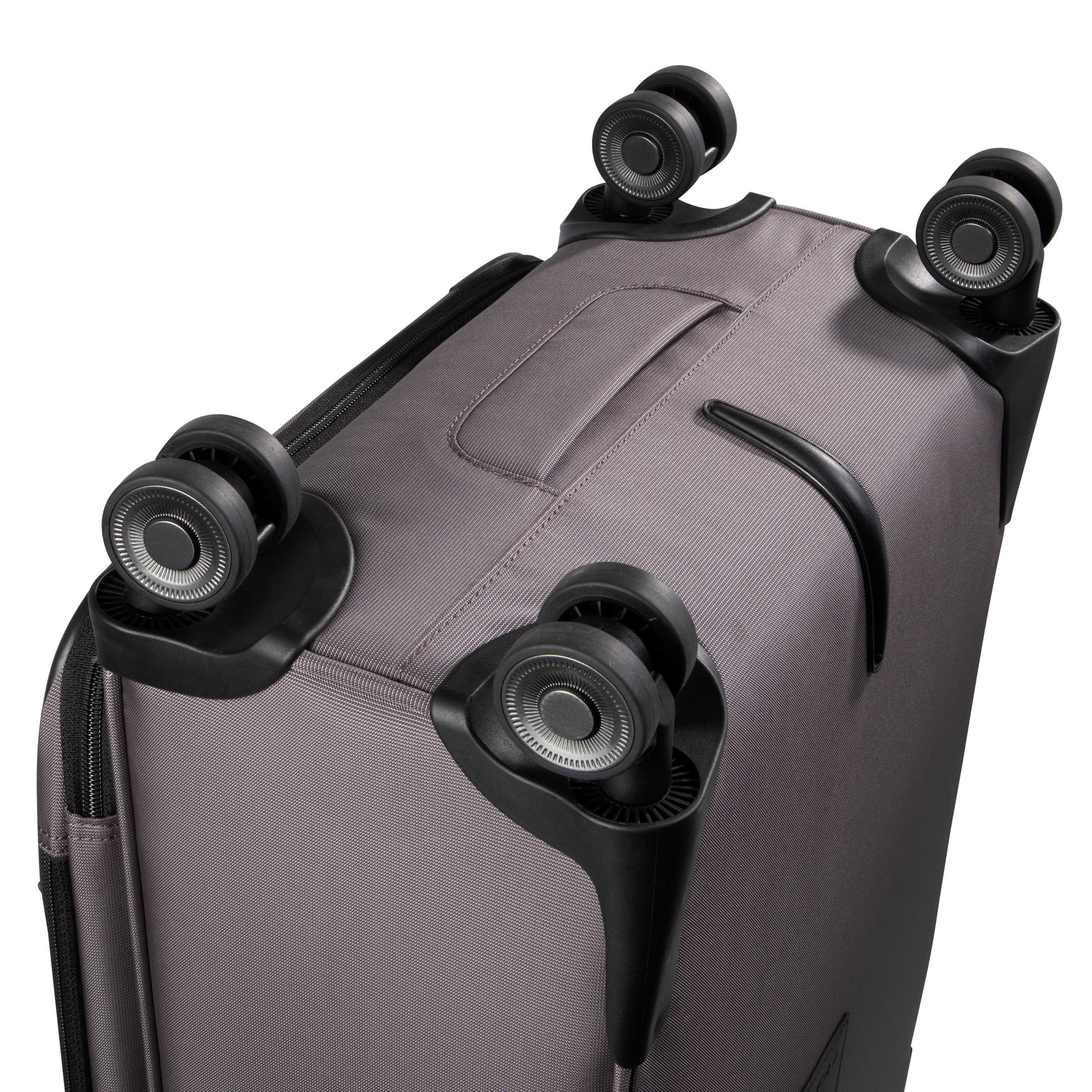 Close-up of the Ricardo Beverly Hills Montecito 3.0 Softside Medium Spinner, showing four black wheels from below.
