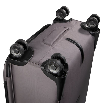 Close-up of the Ricardo Beverly Hills Montecito 3.0 Softside Medium Spinner, showing four black wheels from below.