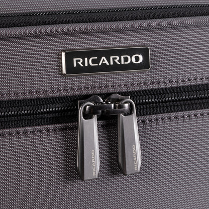 Close-up of the Ricardo Beverly Hills Montecito 3.0 medium softside spinner with dual zipper pulls.