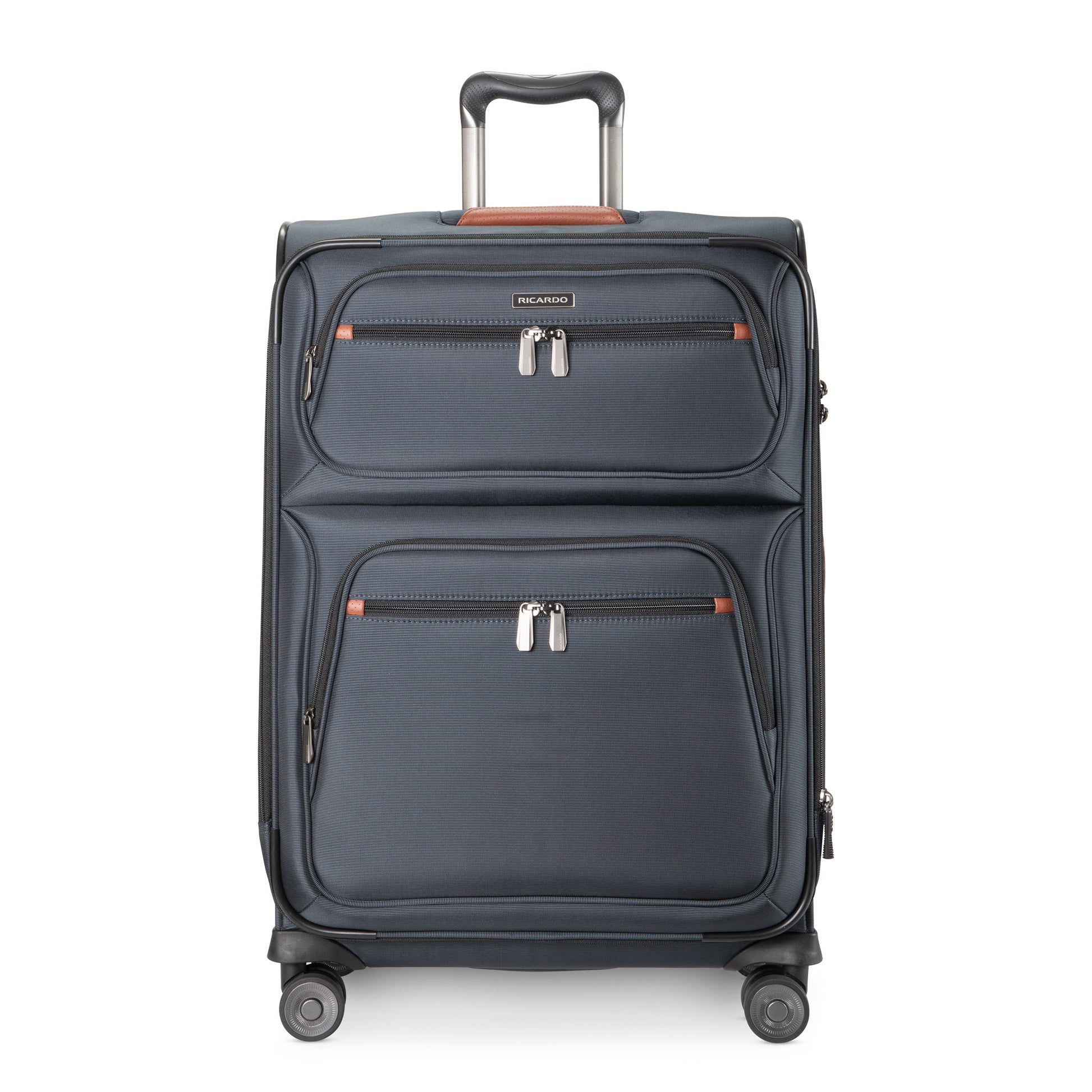 Front view of Ricardo Beverly Hills Montecito 3.0 navy expandable suitcase with two pockets and four wheels.