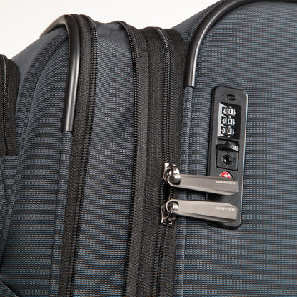 Close-up of the Ricardo Beverly Hills Montecito 3.0 Softside Medium Spinner with TSA lock and dual zipper pulls.