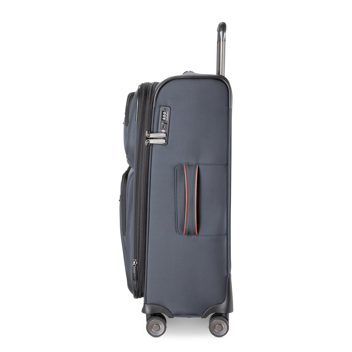 Ricardo Beverly Hills Montecito 3.0 medium navy softside luggage shown sideways with handle up, two zips visible.