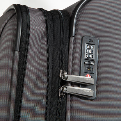 Close-up of the Ricardo Beverly Hills Montecito 3.0 Large Expandable Spinner with combo lock and secure zippers.