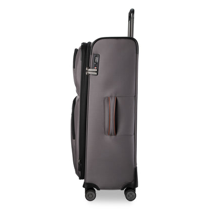 Ricardo Beverly Hills Montecito 3.0 softside large check-in spinner, shown side view with handle and wheels.