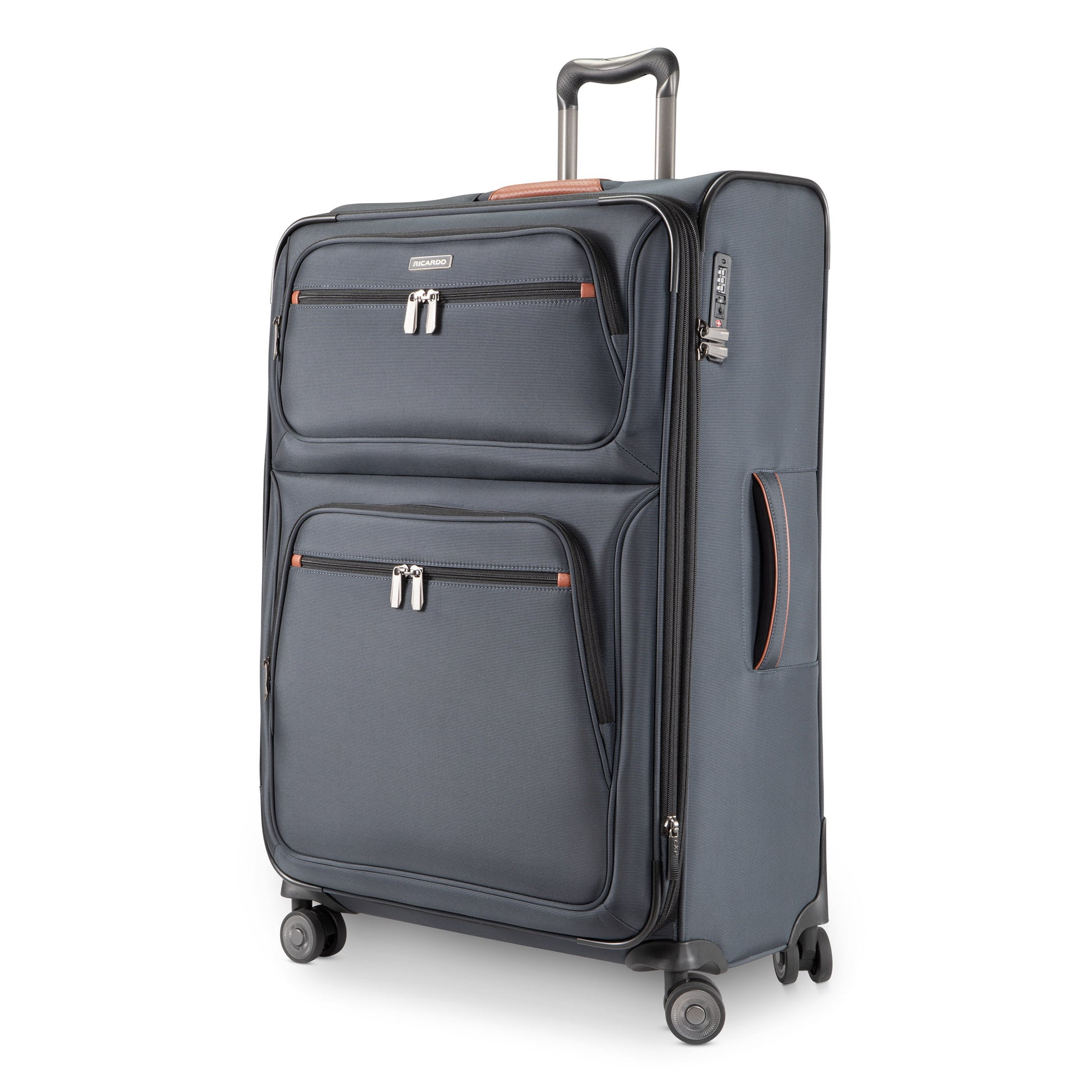 Ricardo Beverly Hills Montecito 3.0 large black expandable spinner with two zip pockets and telescopic handle.