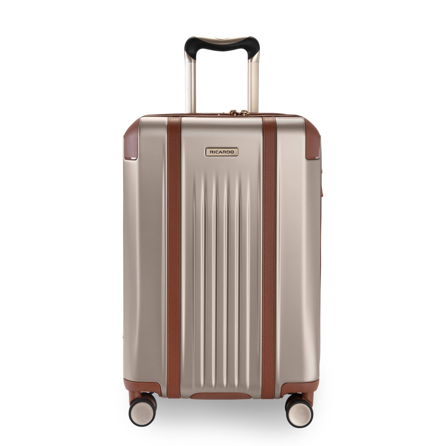 Ricardo Beverly Hills Montecito 2.0 21" beige hardside carry-on with brown trim, four wheels, telescopic handle.
