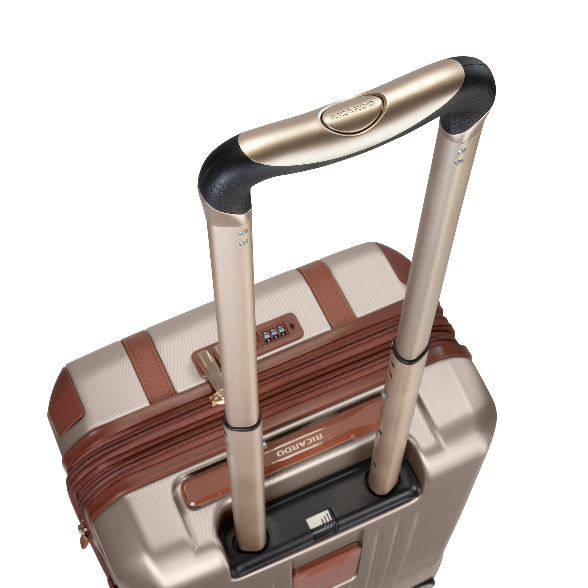 Ricardo Beverly Hills Montecito 2.0 gold & brown carry-on with TSA lock and telescopic handle, top view.
