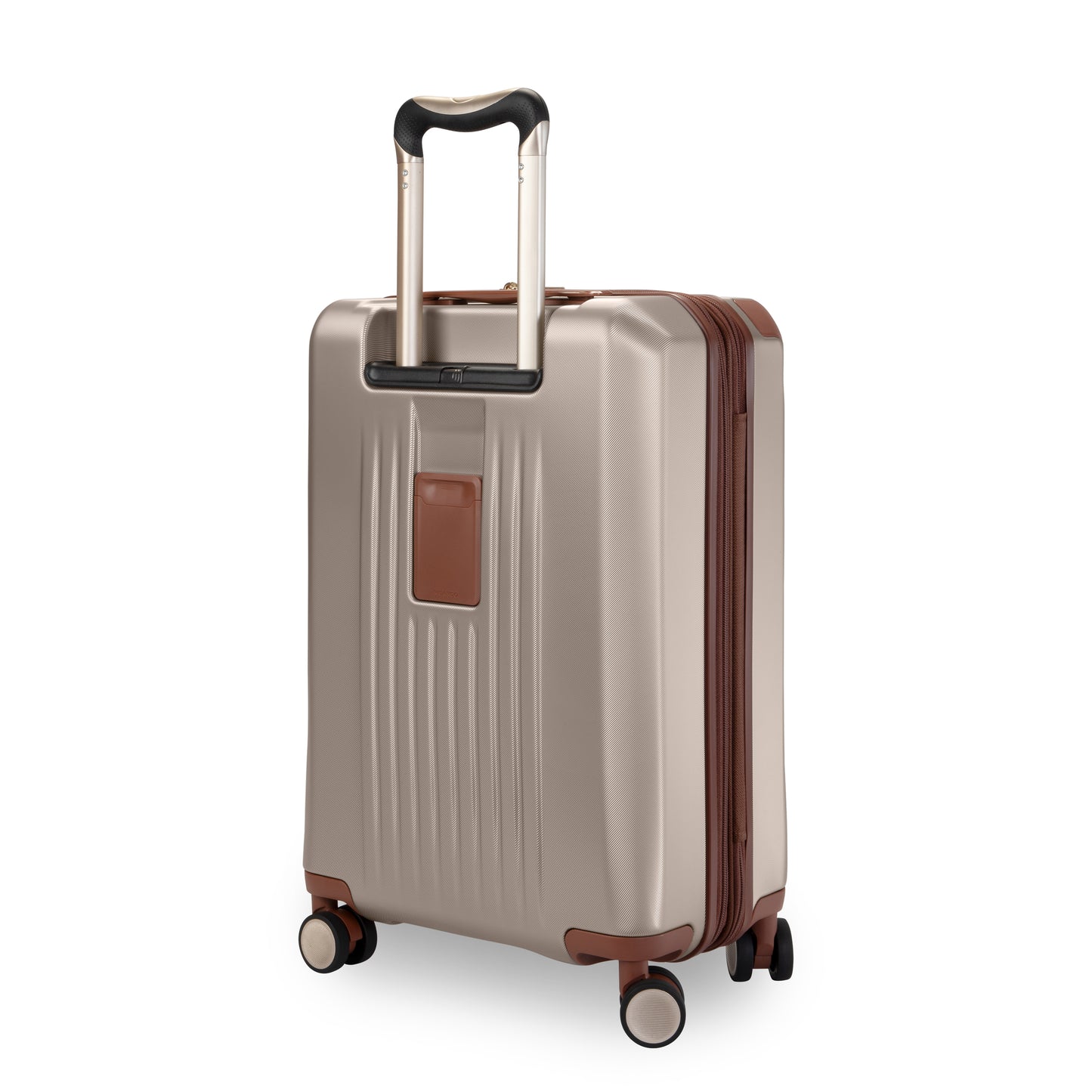 Ricardo Beverly Hills Montecito 2.0 21" beige hardside carry-on features brown trim, 4 wheels, and TSA lock.