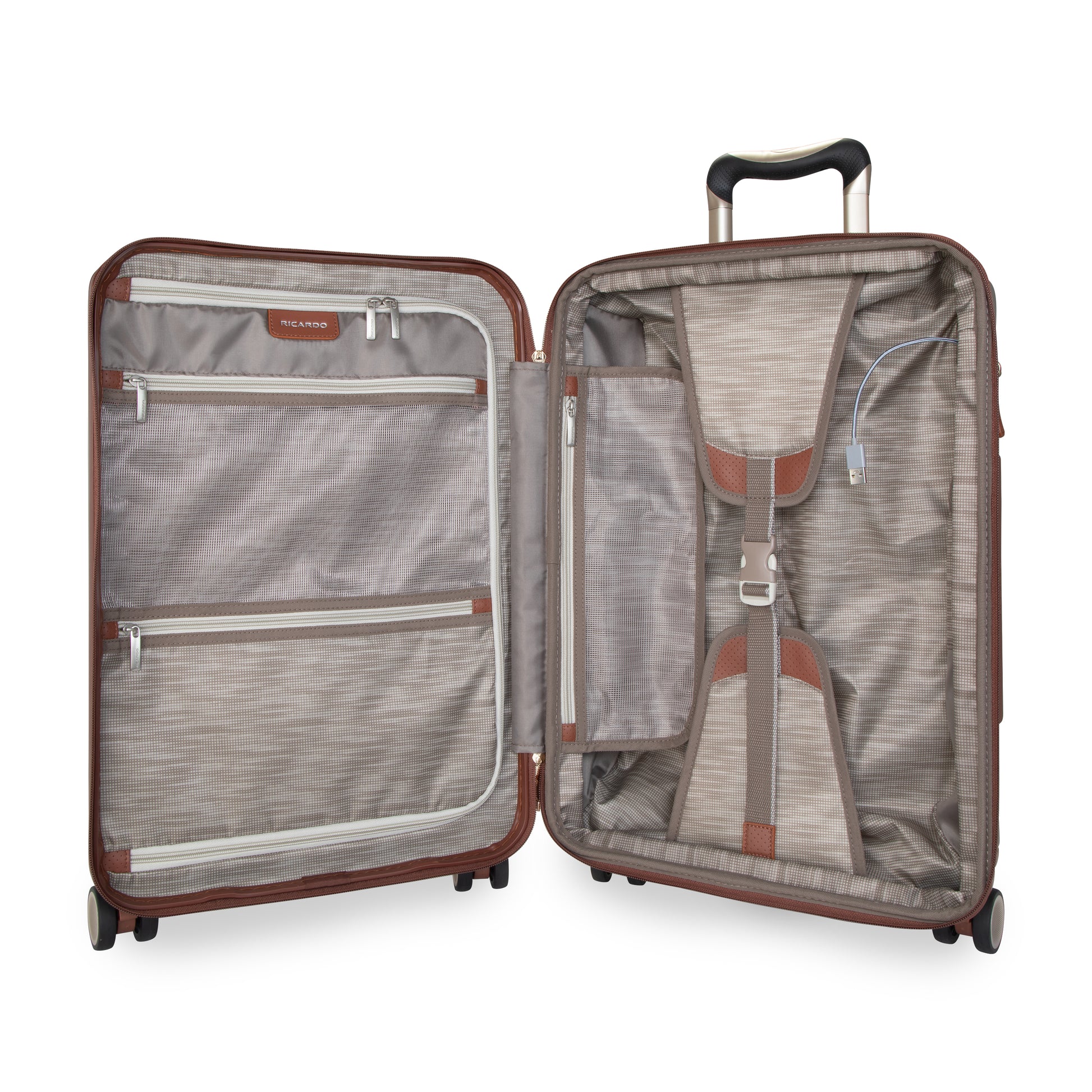 The Ricardo Beverly Hills Montecito 2.0 Carry-on features interior compartments, zip pockets, and elastic straps.