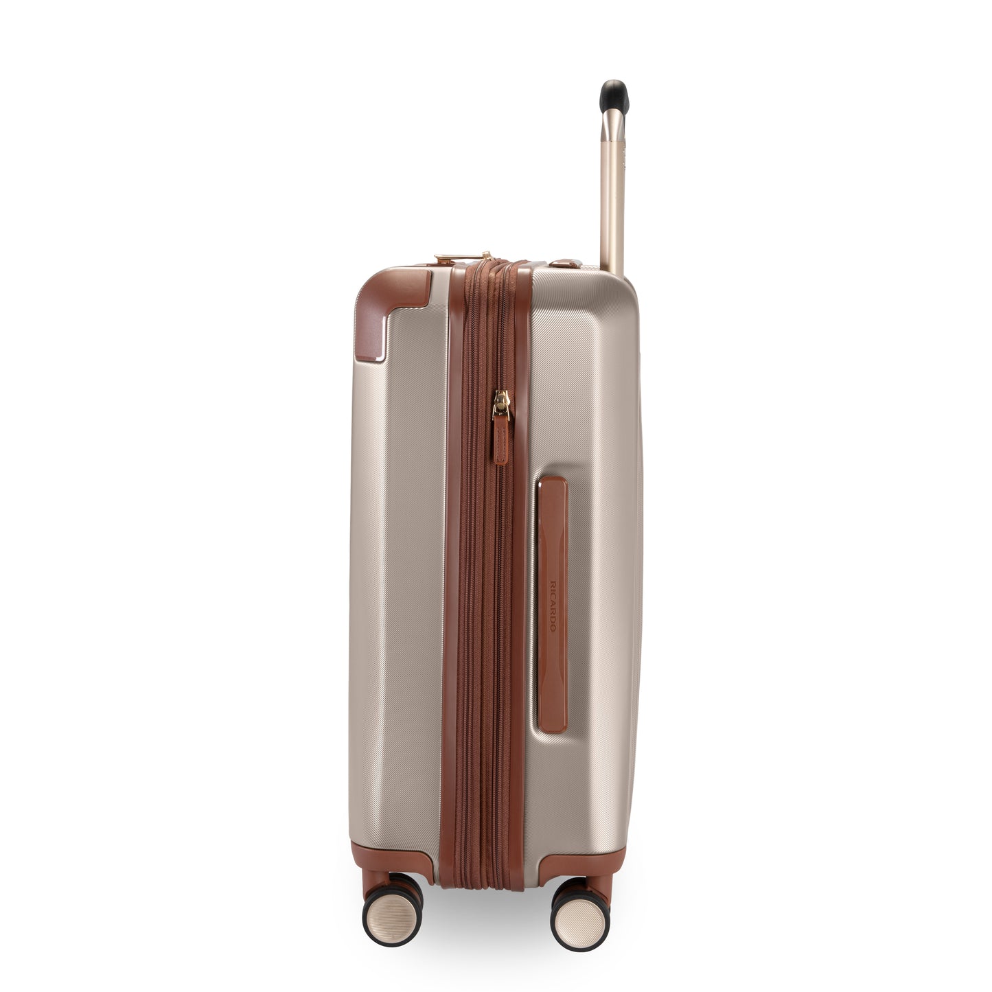 Ricardo Beverly Hills Montecito 2.0 beige hardside 21" carry-on with brown trim, spinner wheels, and handle.
