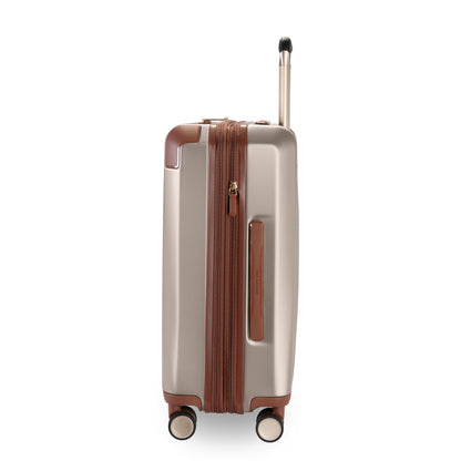 Ricardo Beverly Hills Montecito 2.0 beige hardside 21" carry-on with brown trim, spinner wheels, and handle.