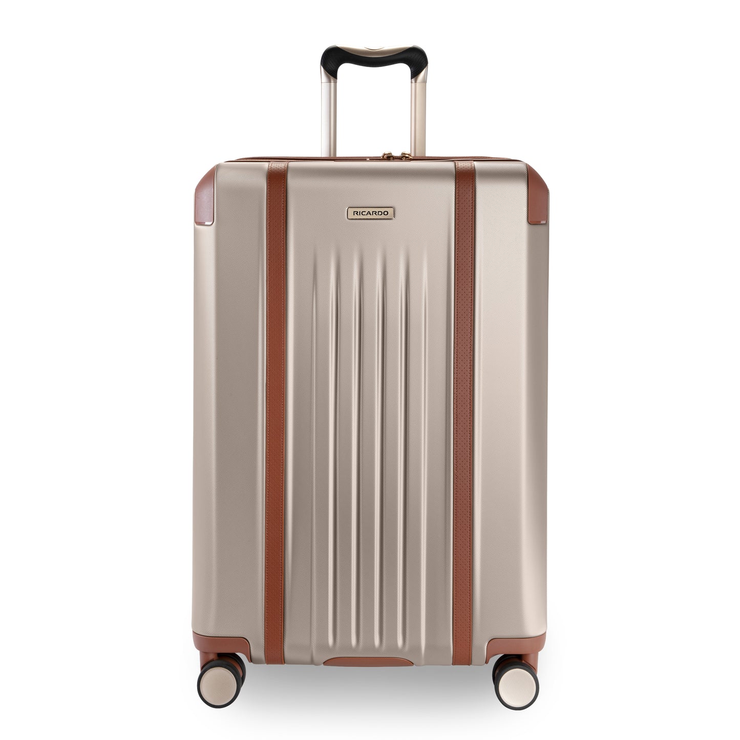 Ricardo Beverly Hills Montecito 2.0 25" beige hardside spinner with brown accents and telescoping handle, upright.