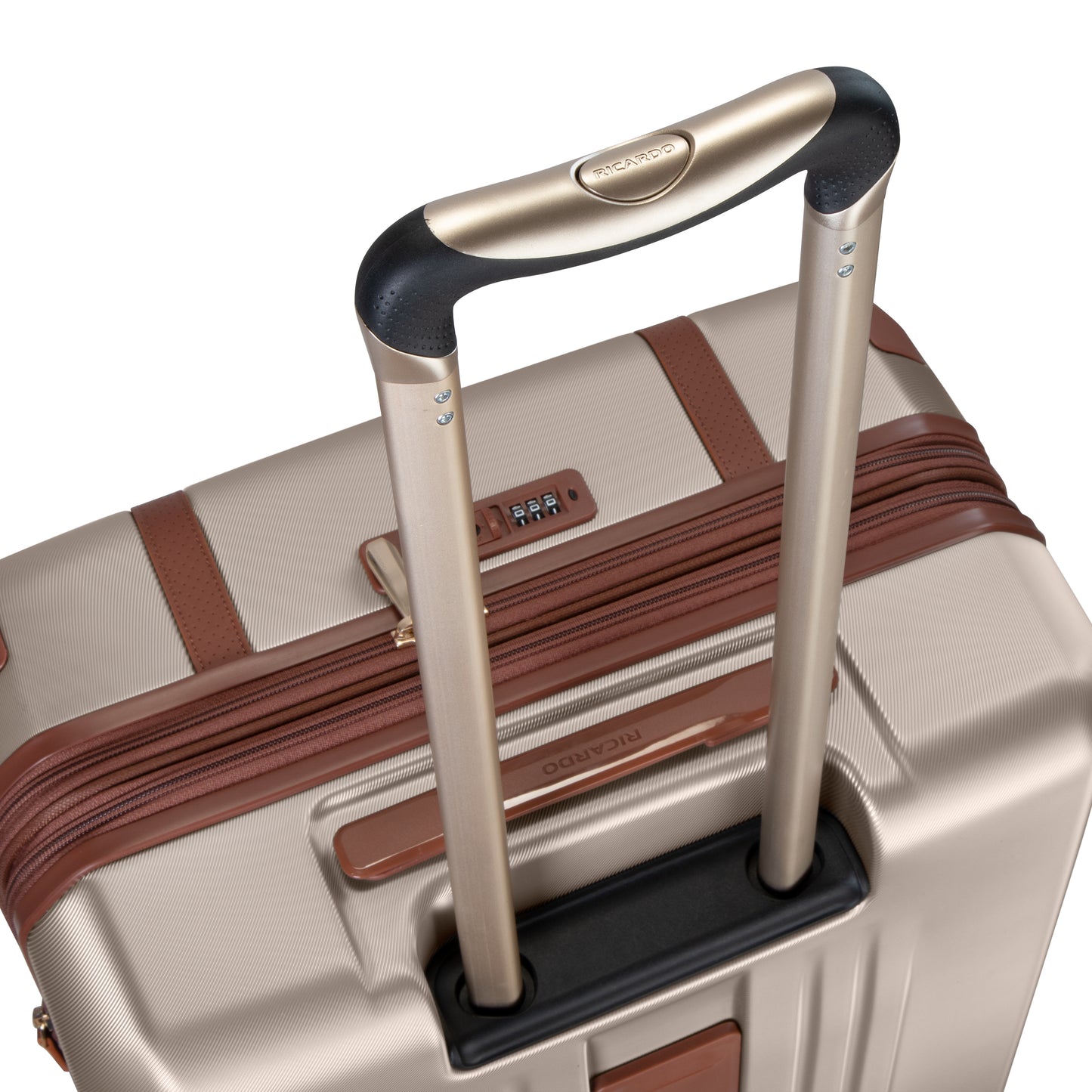 Close-up of Ricardo Beverly Hills Montecito 2.0 25" Spinner with TSA lock and telescopic handle.