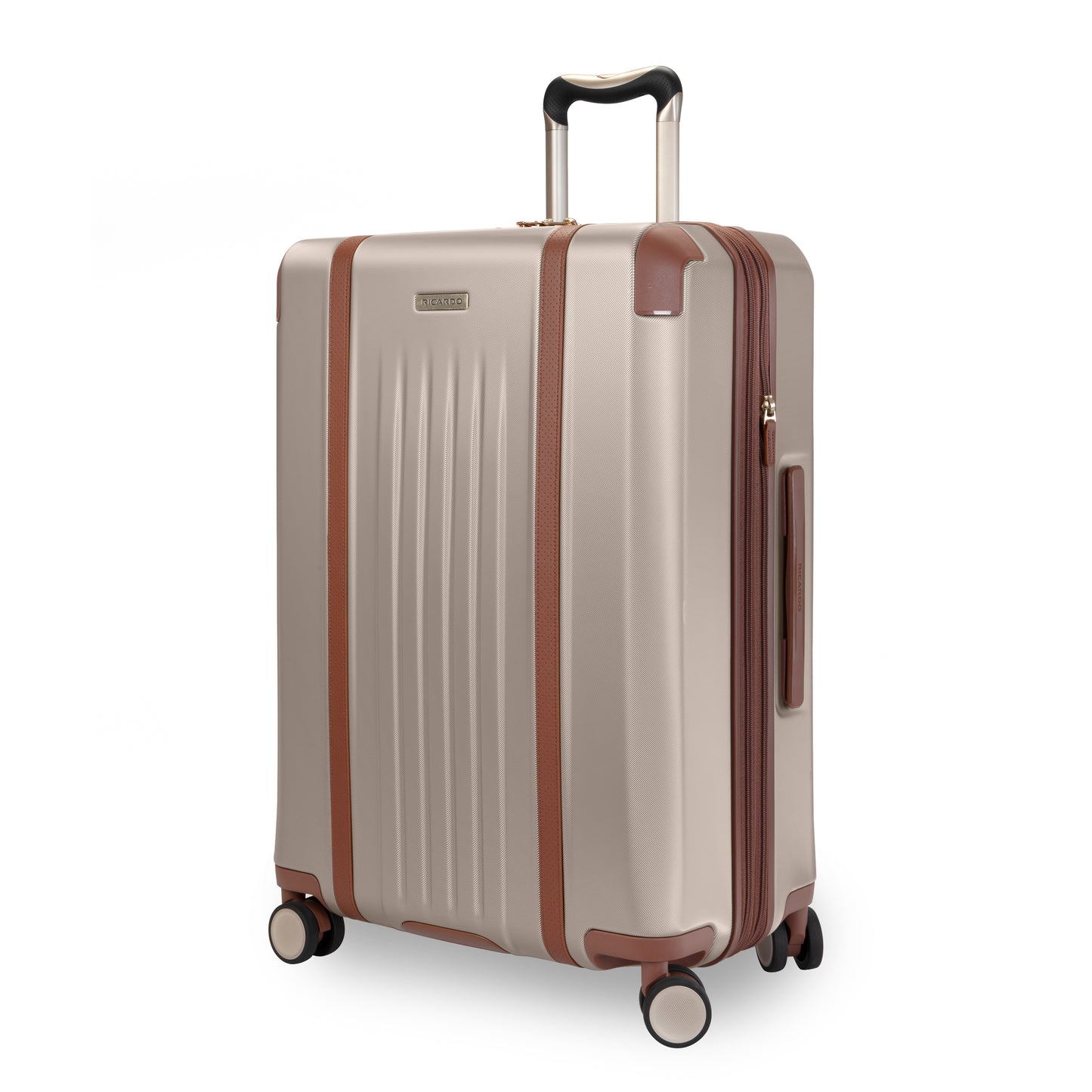 Ricardo Beverly Hills Montecito 2.0 25" beige hardside spinner, brown accents, 4 wheels, TSA combo lock.