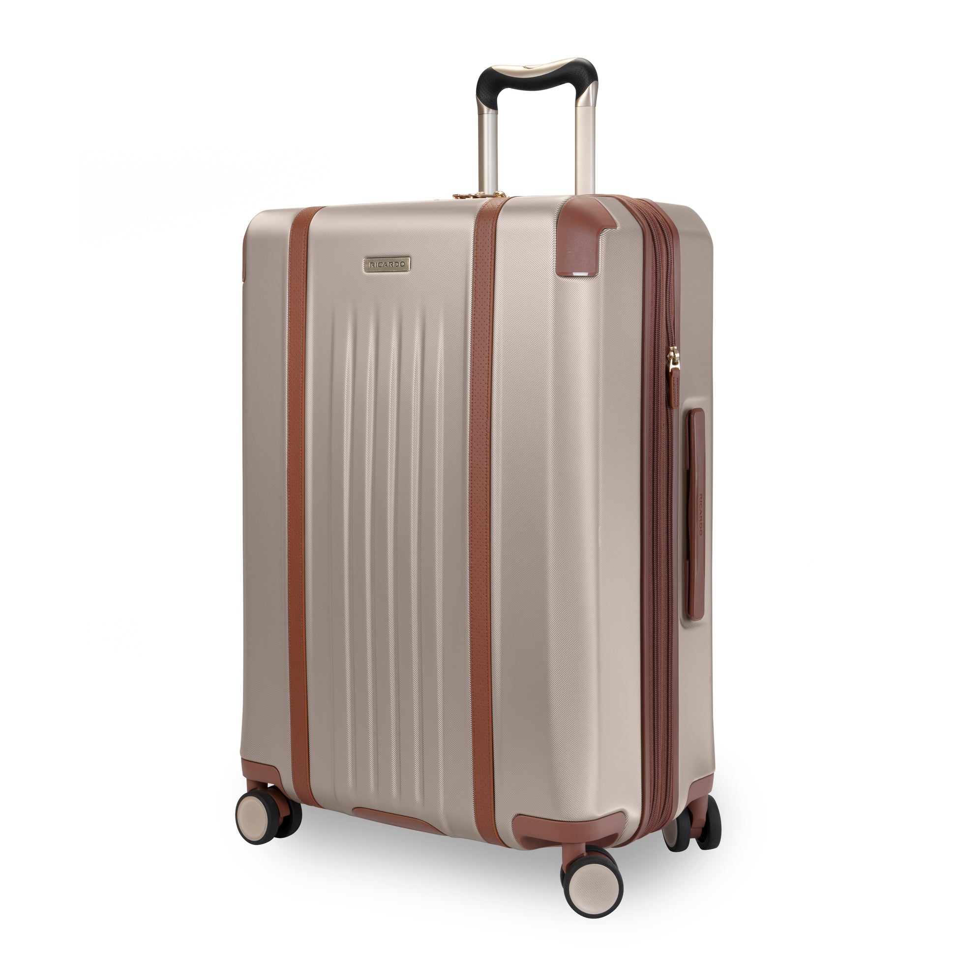 Ricardo Beverly Hills Montecito 2.0 25" beige hardside spinner, brown accents, 4 wheels, TSA combo lock.