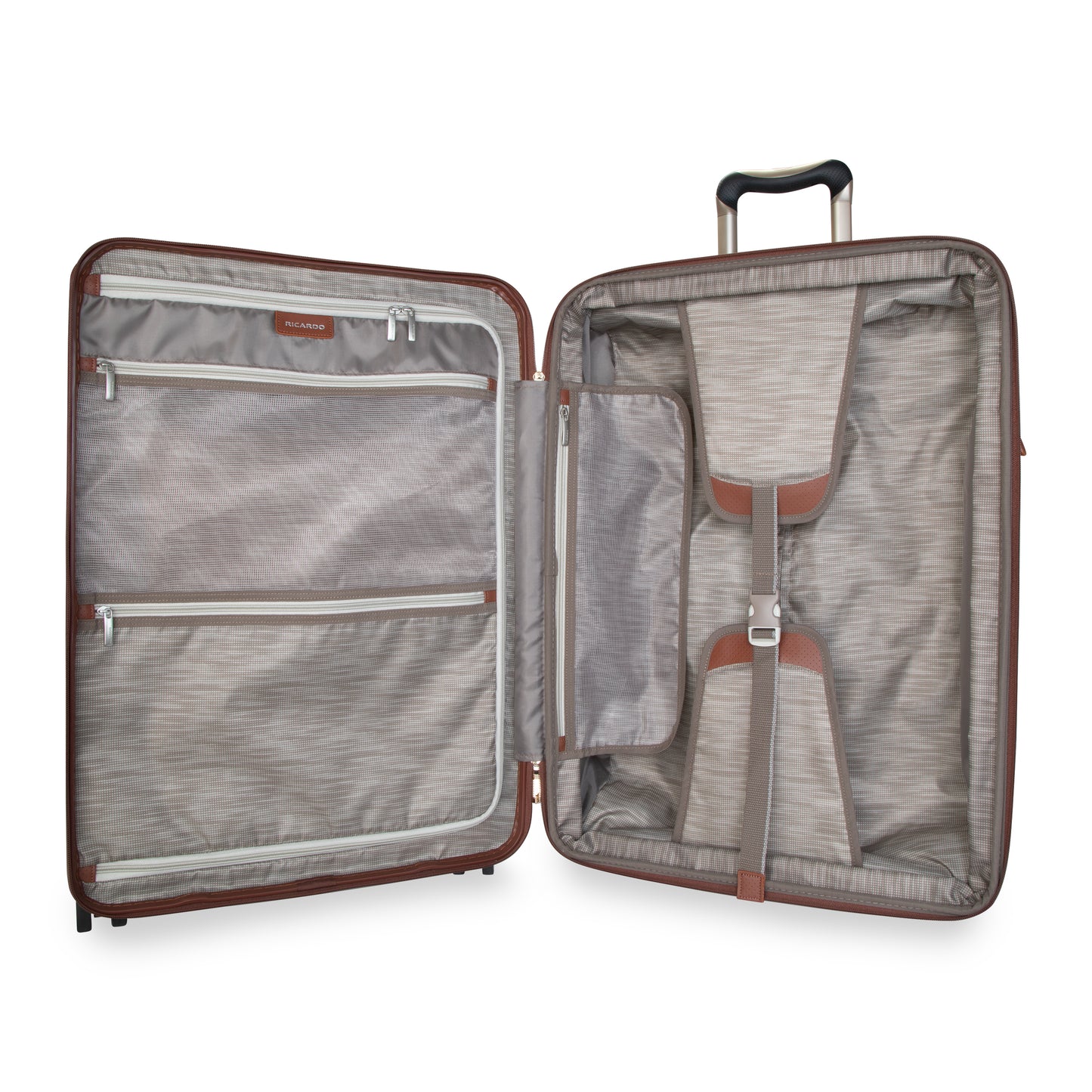 Ricardo Beverly Hills Montecito 2.0 25" hardside spinner open with beige interior, zippered pockets, and straps.