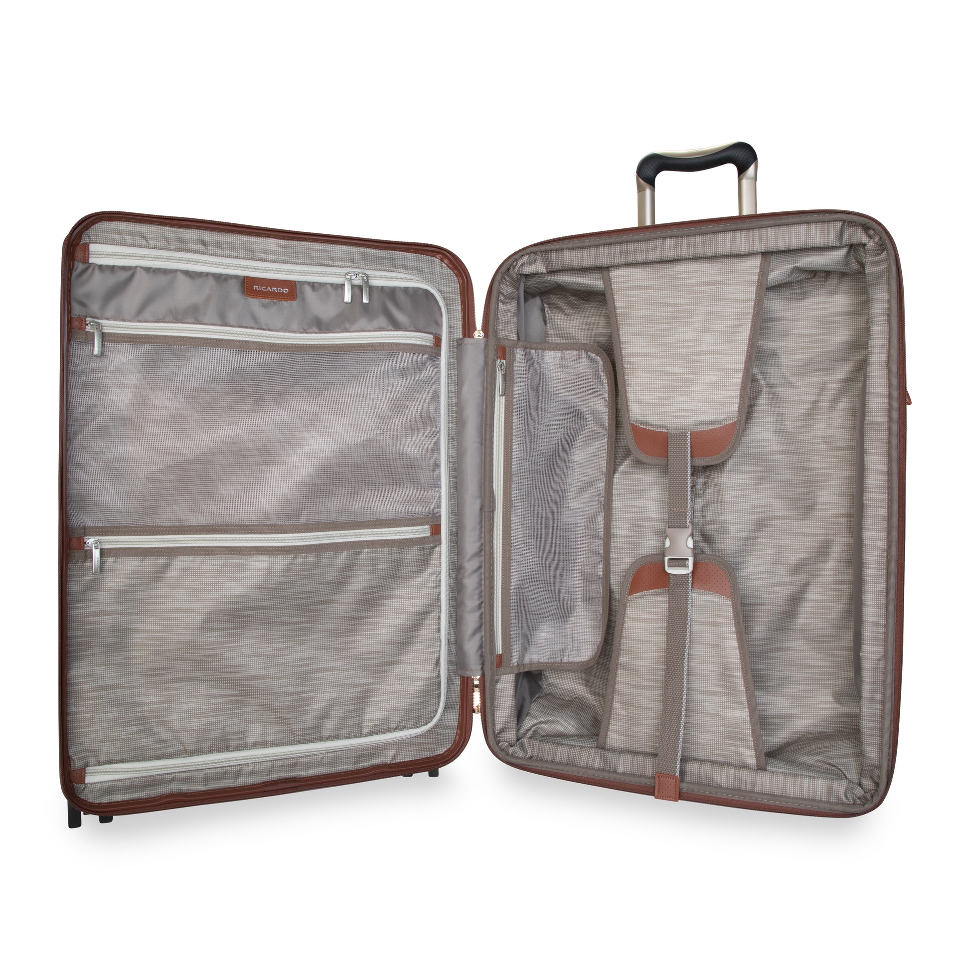 Ricardo Beverly Hills Montecito 2.0 25" hardside spinner open with beige interior, zippered pockets, and straps.