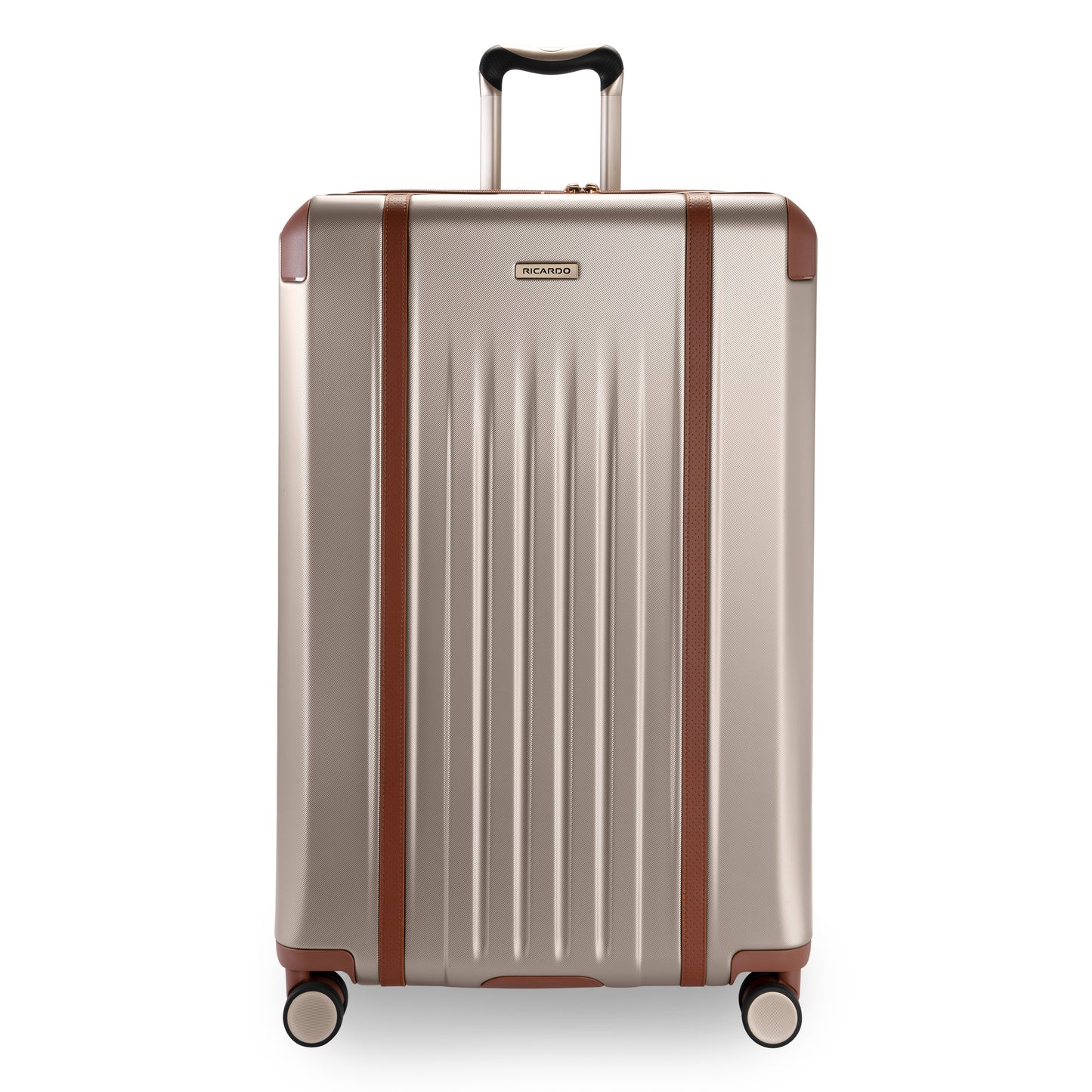 Ricardo Beverly Hills Montecito 2.0 29" Hardside Spinner with 4 wheels, vertical ridges, and brown accents.