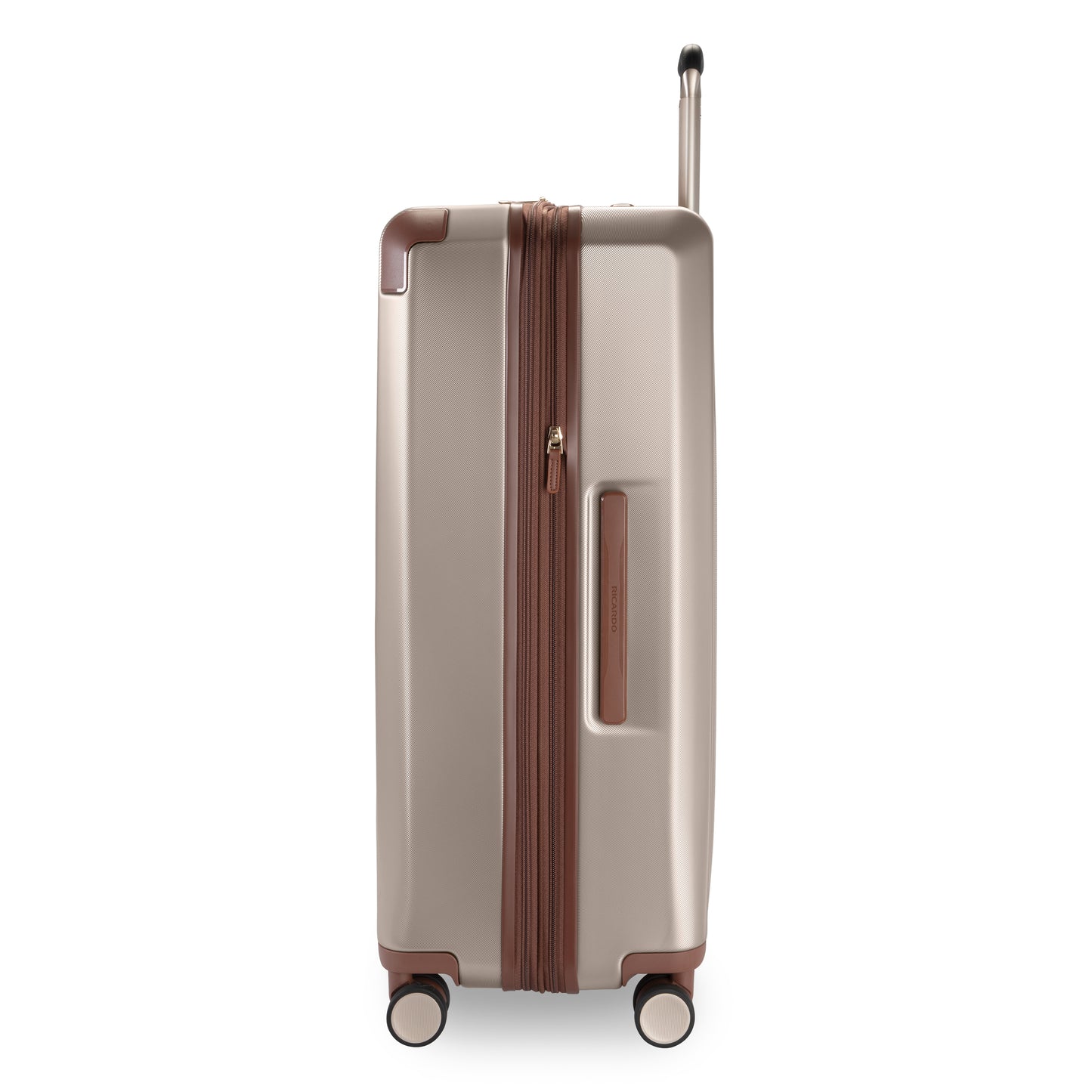 Ricardo Beverly Hills Montecito 2.0 29" beige hardside spinner with brown trim on four wheels, side view.