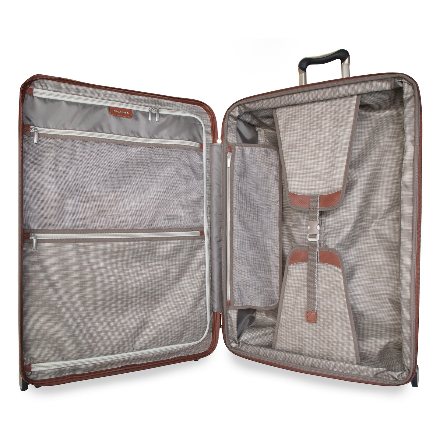 Ricardo Beverly Hills Montecito 2.0 29" Hardside Spinner open to show compartments, zip pockets, and straps.