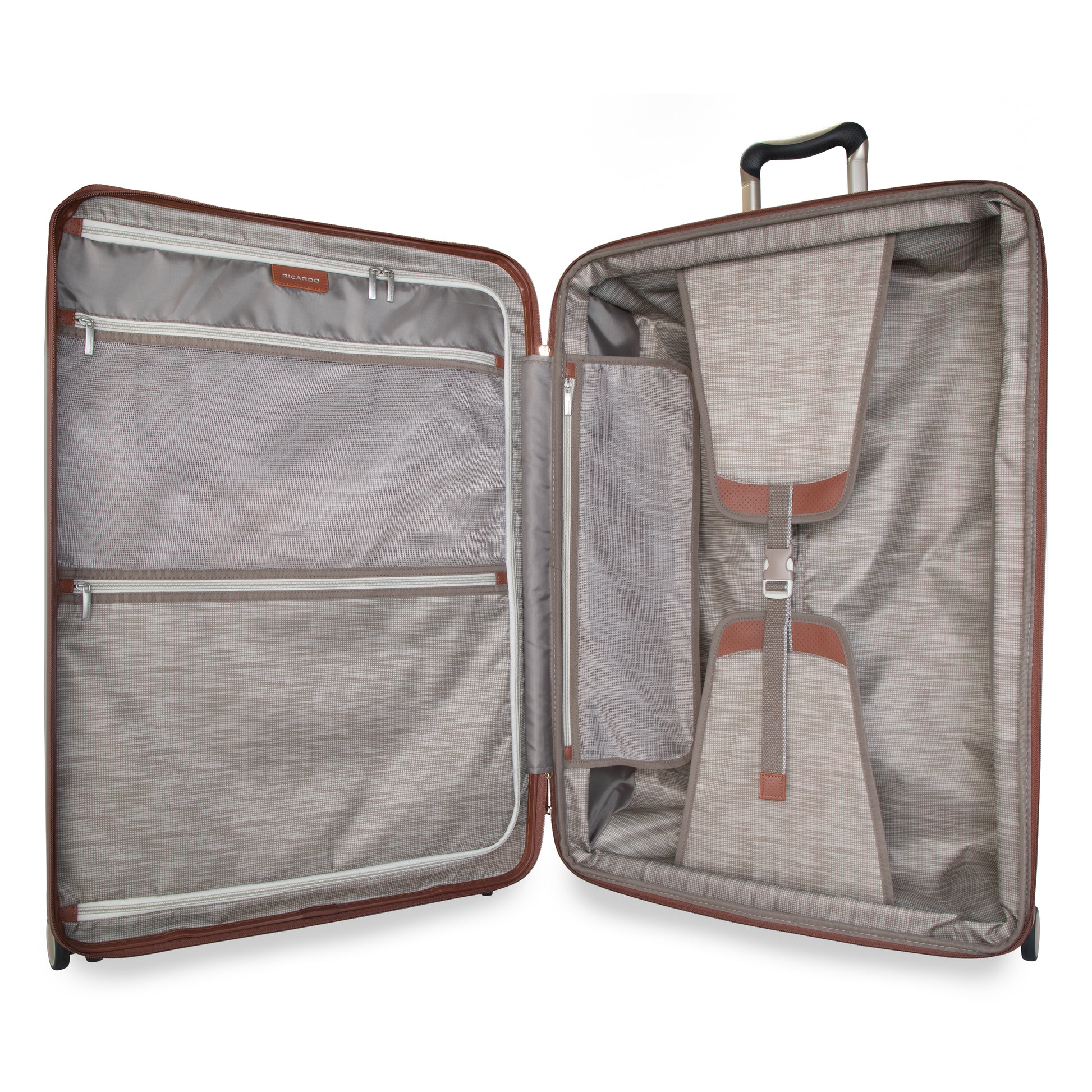 Ricardo Beverly Hills Montecito 2.0 29" Hardside Spinner open to show compartments, zip pockets, and straps.